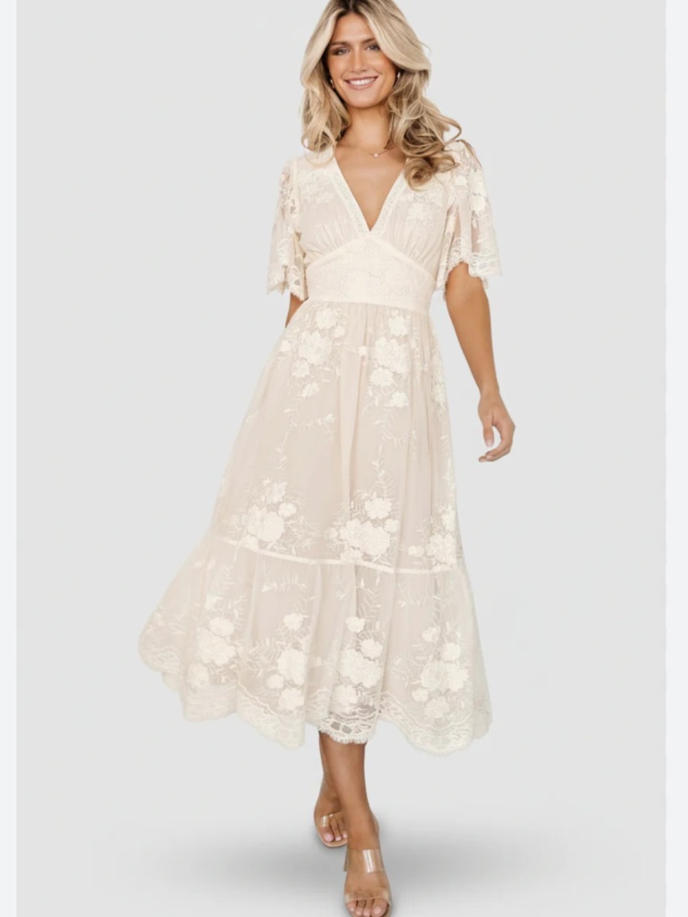 Baltic Born Ivory Lace Embroidered Midi Dress